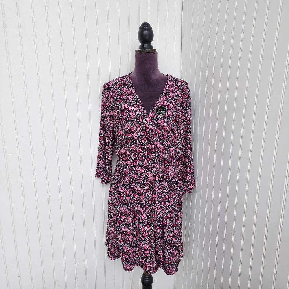 NWT Rene Rofe Stretch Sleepwear Floral Pink Robe Women's 3/4 Sleeve Tie Waist L